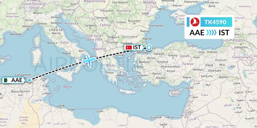 TK4590 Turkish Airlines Flight Map: Annaba to Istanbul