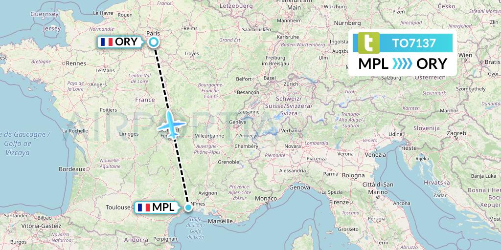 TO7137 Transavia France Flight Map: Montpellier to Paris