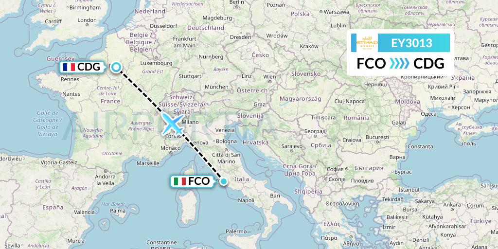 EY3013 Etihad Airways Flight Map: Rome to Paris