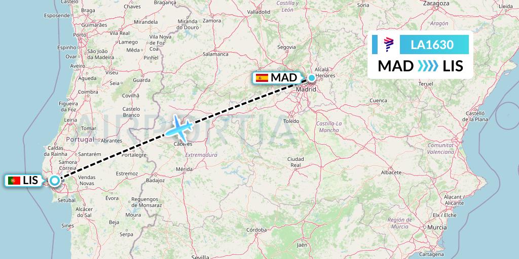 LA1630 LAN Airlines Flight Map: Madrid to Lisbon