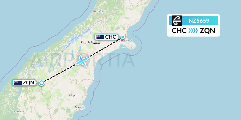 NZ5659 Air New Zealand Flight Map: Christchurch to Queenstown
