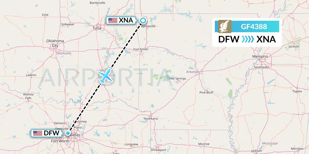GF4388 Gulf Air Flight Map: Dallas to Bentonville