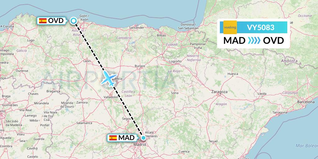 VY5083 Vueling Flight Map: Madrid to Asturias