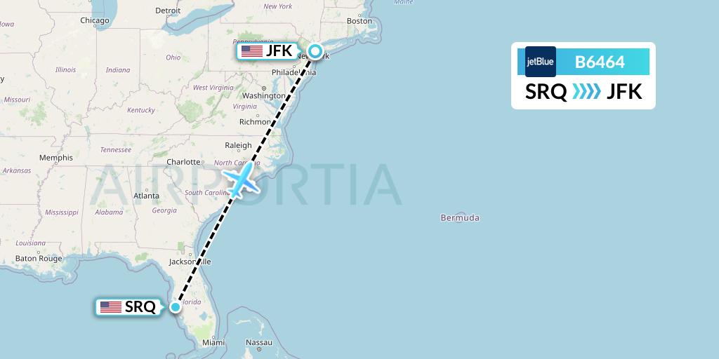 B6464 JetBlue Airways Flight Map: Sarasota to New York
