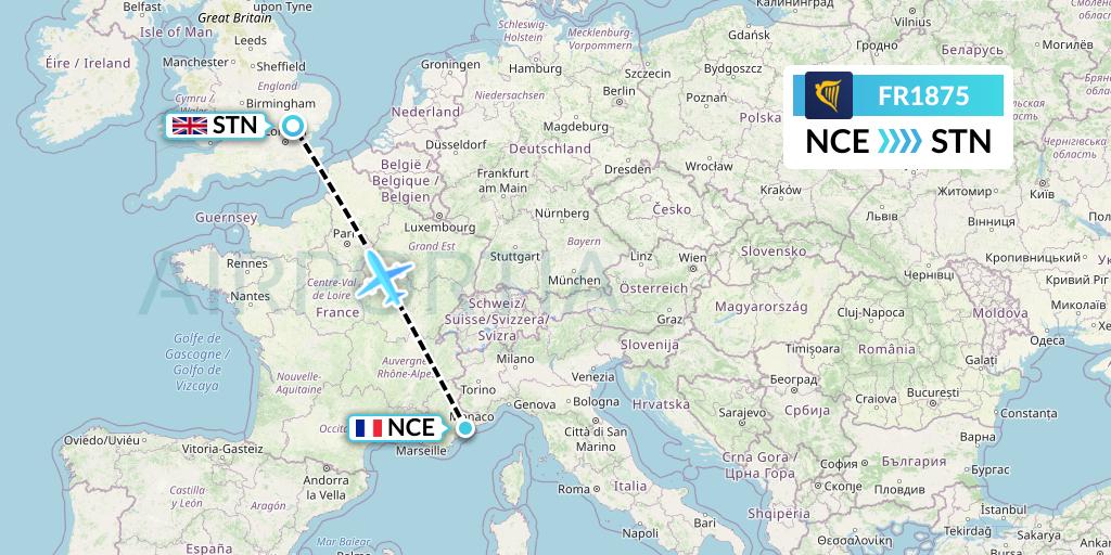 FR1875 Ryanair Flight Map: Nice to London