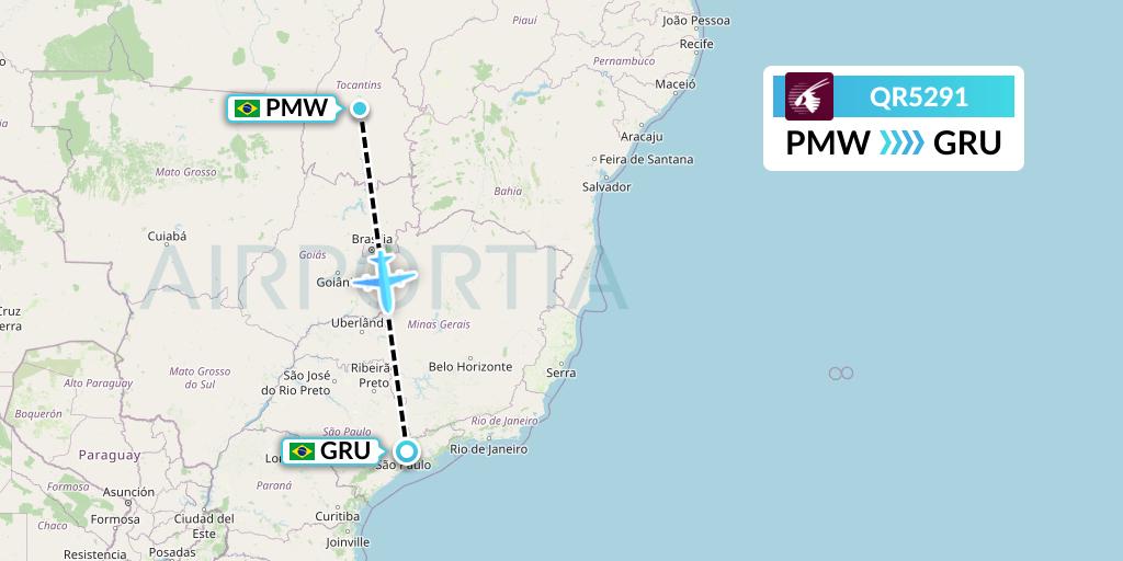 QR5291 Qatar Airways Flight Map: Palmas to Sao Paulo
