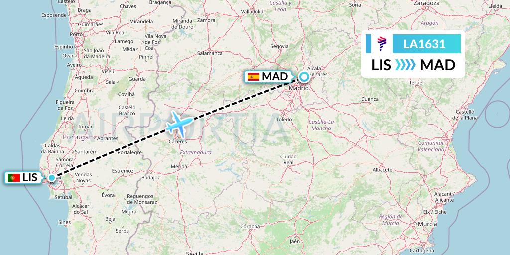 LA1631 LAN Airlines Flight Map: Lisbon to Madrid