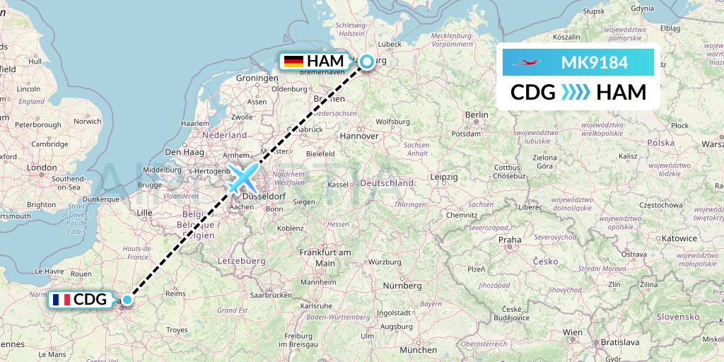 MK9184 Air Mauritius Flight Map: Paris to Hamburg