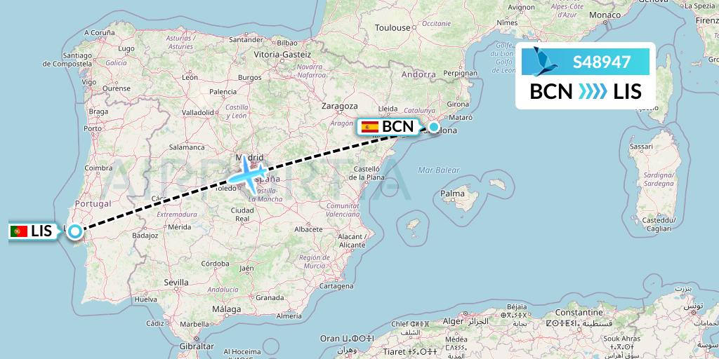 S48947 Azores Airlines Flight Map: Barcelona to Lisbon