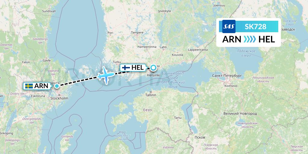 SK728 SAS Flight Map: Stockholm to Helsinki