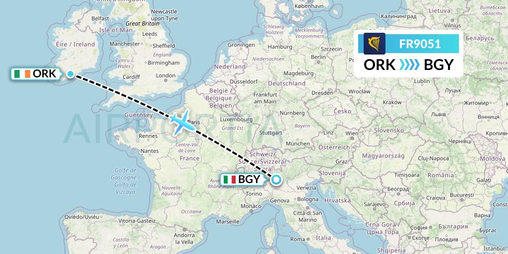 FR9051 Ryanair Flight Map: Cork to Milan