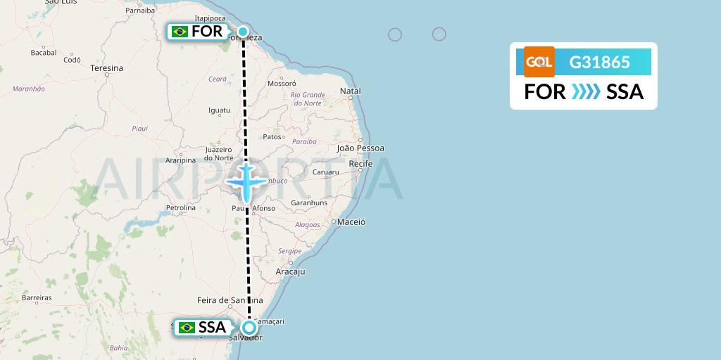 G31865 GOL Transportes Aeros Flight Map: Fortaleza to Salvador