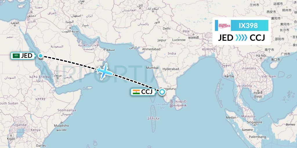IX398 Air India Express Flight Map: Jeddah to Kozhikode