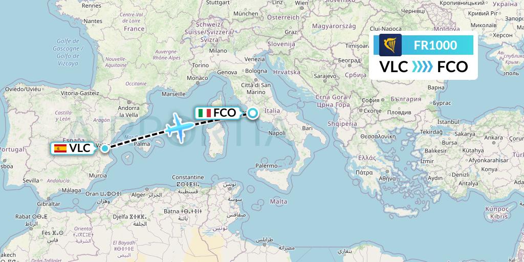 FR1000 Ryanair Flight Map: Valencia to Rome
