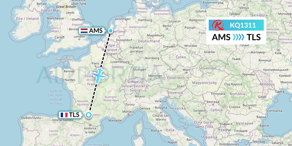 KQ1311 Kenya Airways Flight Map: Amsterdam to Toulouse