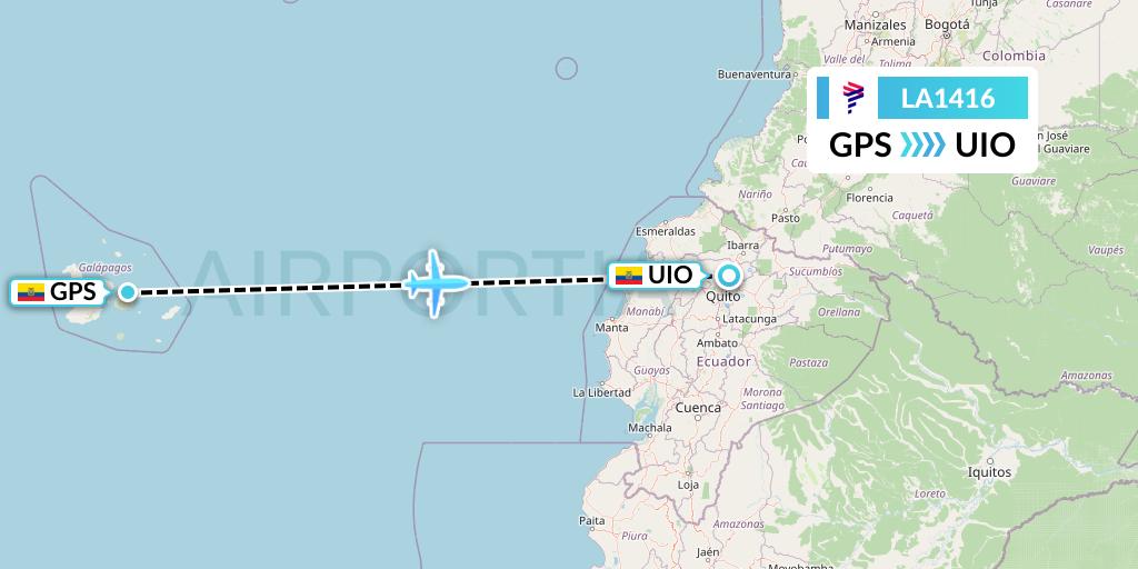 LA1416 LAN Airlines Flight Map: Galapagos to Quito