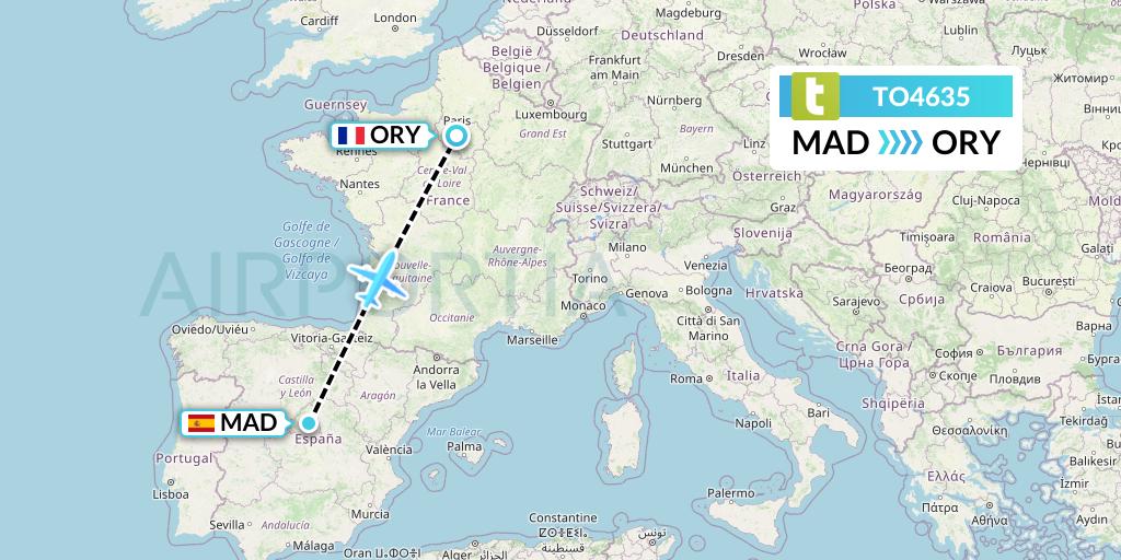 TO4635 Transavia France Flight Map: Madrid to Paris