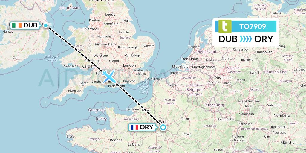 TO7909 Transavia France Flight Map: Dublin to Paris