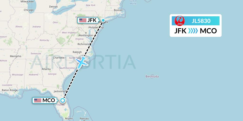JL5830 Japan Airlines Flight Map: New York to Orlando