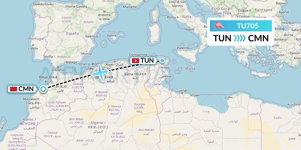 TU705 Tunisair Flight Map: Tunis to Casablanca