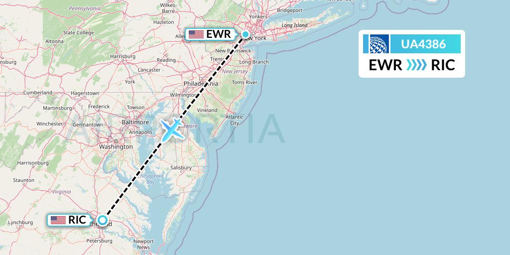 UA4386 United Airlines Flight Map: New York to Richmond