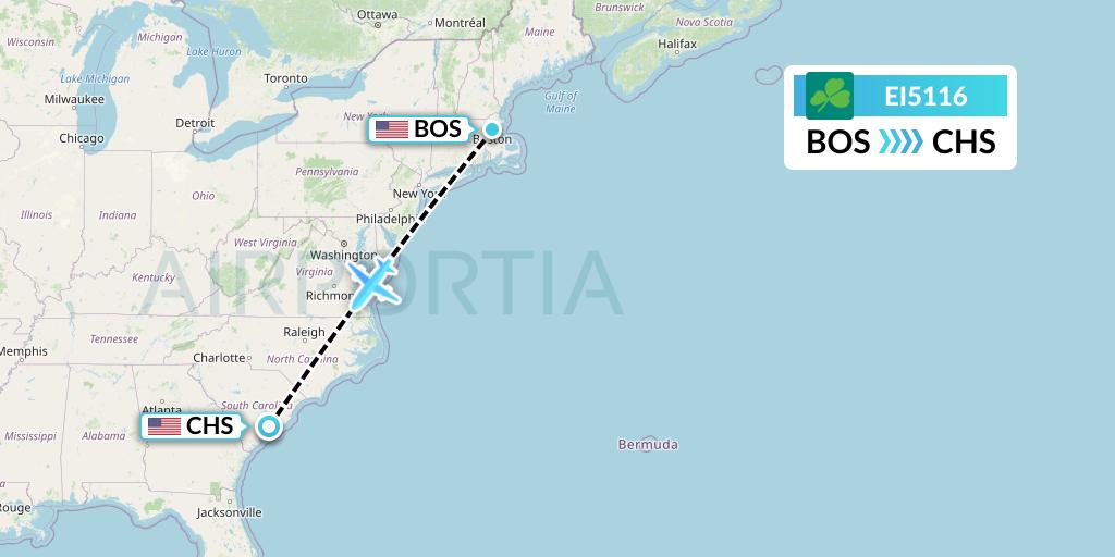EI5116 Aer Lingus Flight Map: Boston to Charleston
