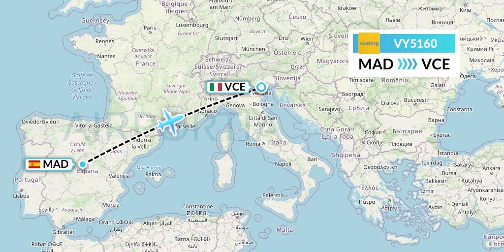 VY5160 Vueling Flight Map: Madrid to Venice