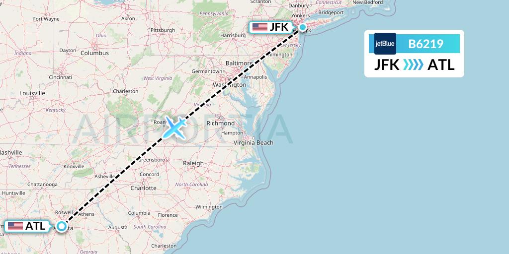 B6219 JetBlue Airways Flight Map: New York to Atlanta