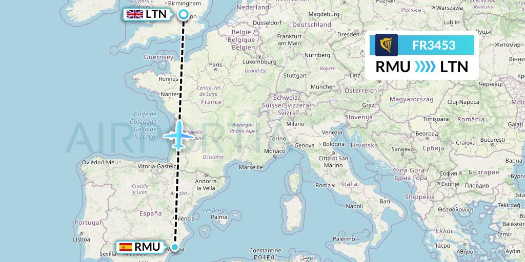 FR3453 Ryanair Flight Map: Murcia to London