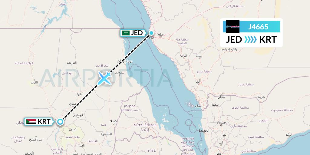 J4665 Badr Airlines Flight Map: Jeddah to Khartoum