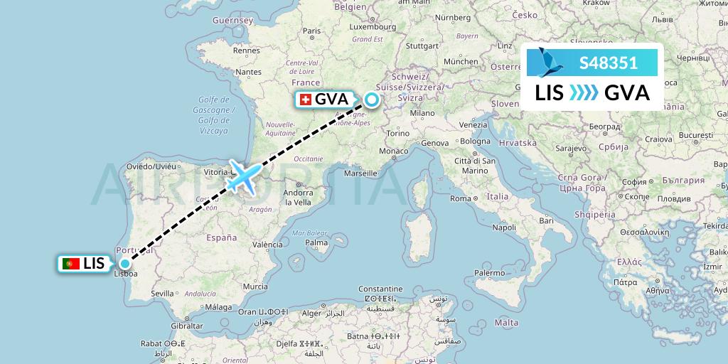 S48351 Azores Airlines Flight Map: Lisbon to Geneva