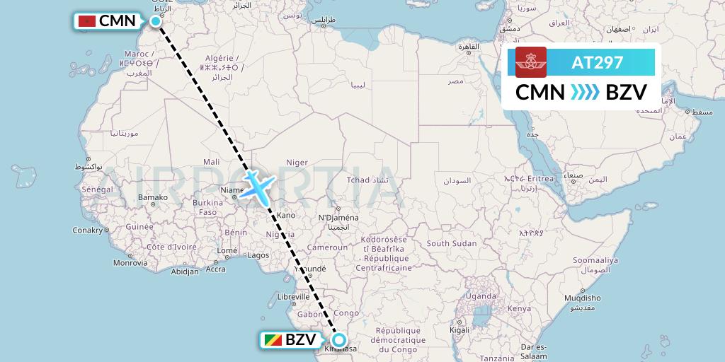 AT297 Royal Air Maroc Flight Map: Casablanca to Brazzaville