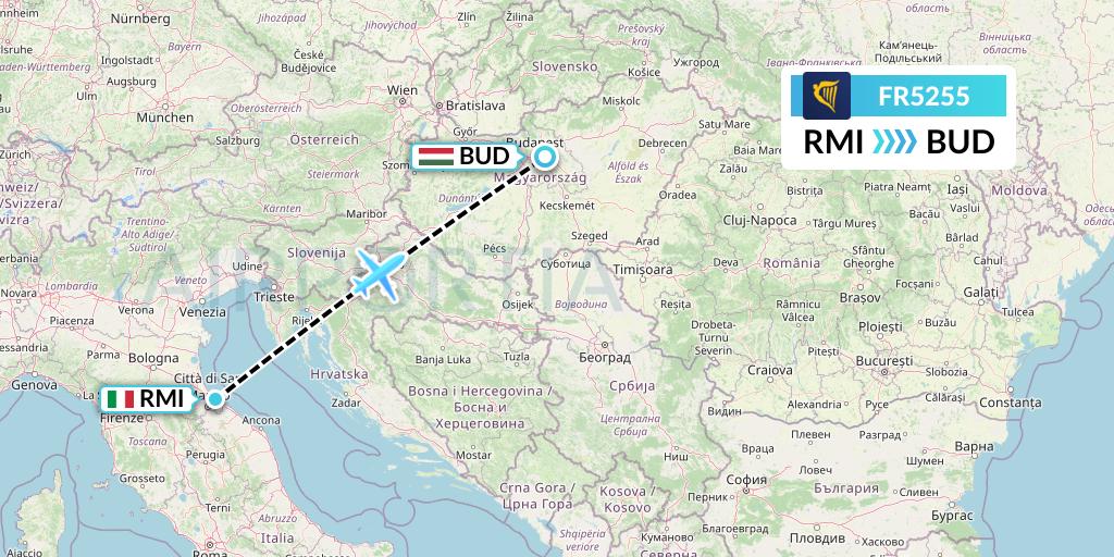 FR5255 Ryanair Flight Map: Rimini to Budapest