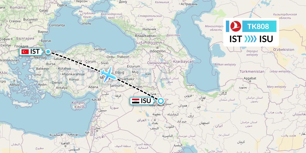 TK808 Turkish Airlines Flight Map: Istanbul to Sulaimaniyah