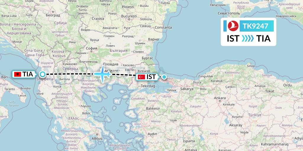 TK9247 Turkish Airlines Flight Map: Istanbul to Tirana