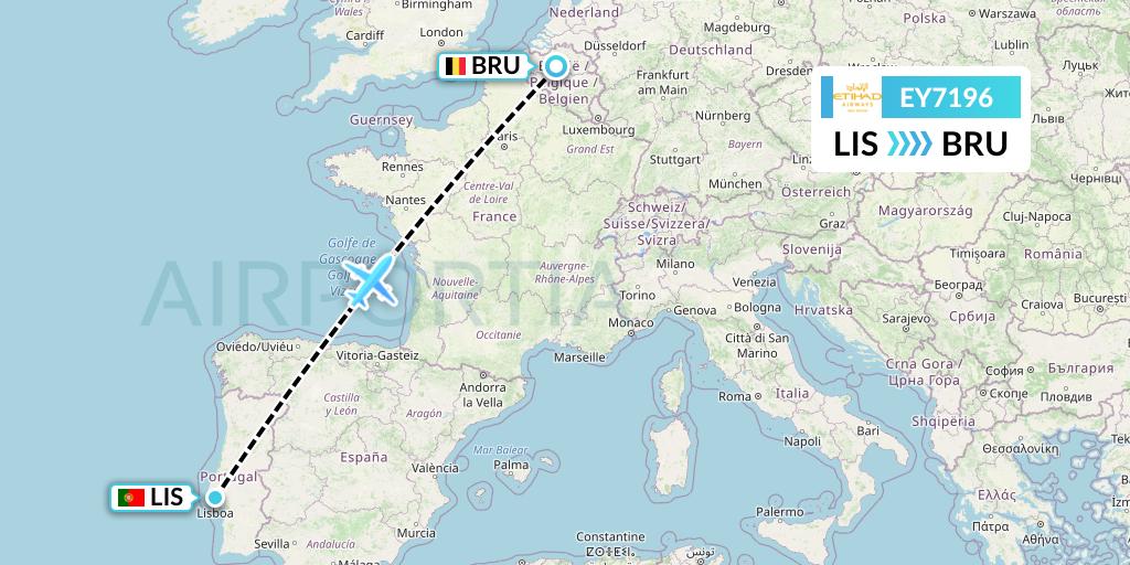 EY7196 Etihad Airways Flight Map: Lisbon to Brussels