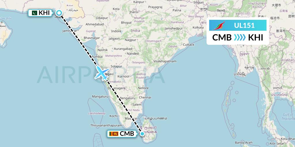 UL151 SriLankan Airlines Flight Map: Colombo to Karachi