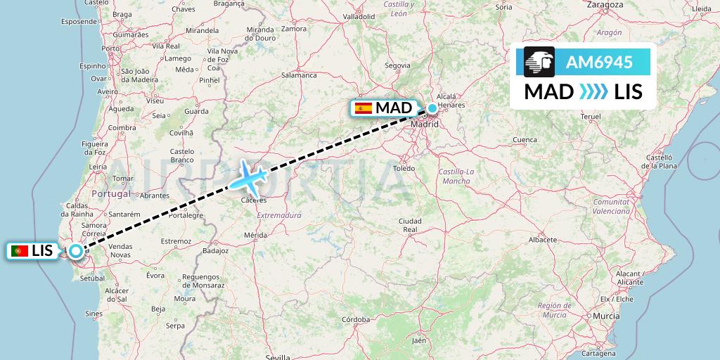 AM6945 Aeromexico Flight Map: Madrid to Lisbon