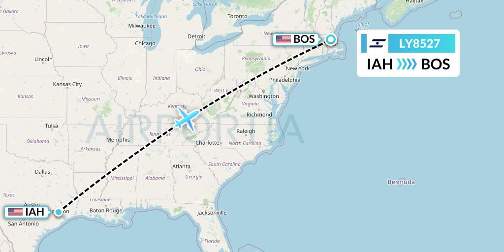 LY8527 El Al Flight Map: Houston to Boston