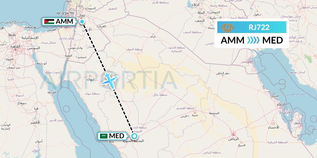 RJ722 Royal Jordanian Flight Map: Amman to Medina