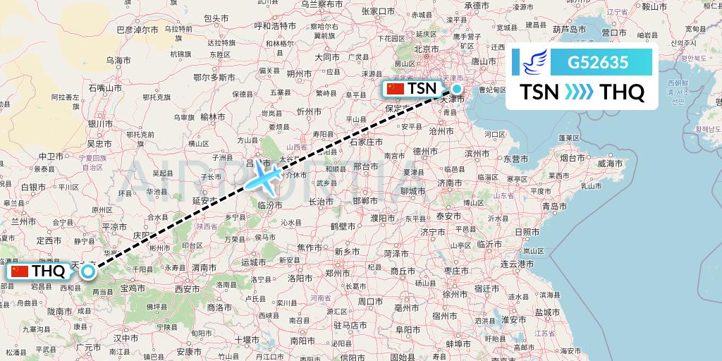G52635 China Express Airlines Flight Map: Tianjin to Tianshui