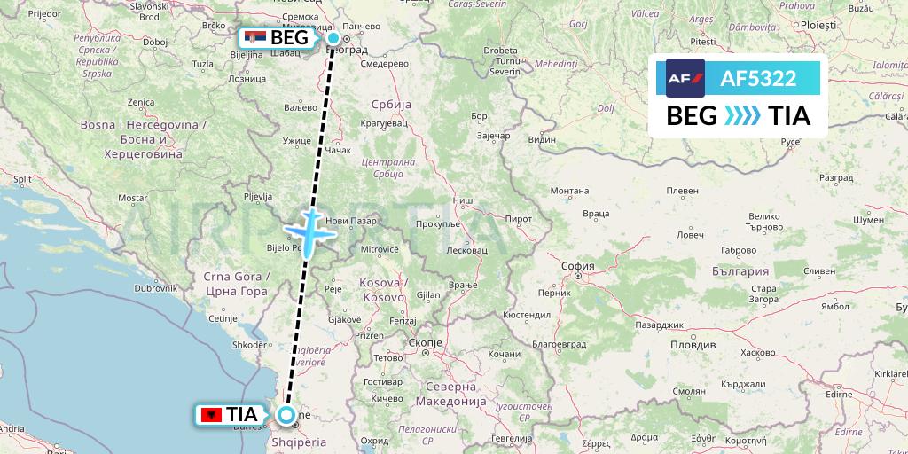 AF5322 Air France Flight Map: Belgrade to Tirana