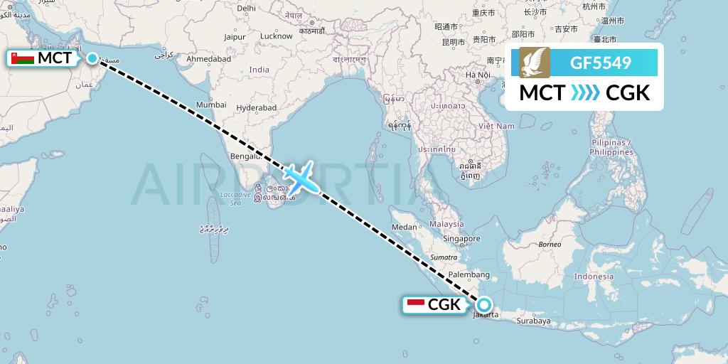 GF5549 Gulf Air Flight Map: Muscat to Jakarta