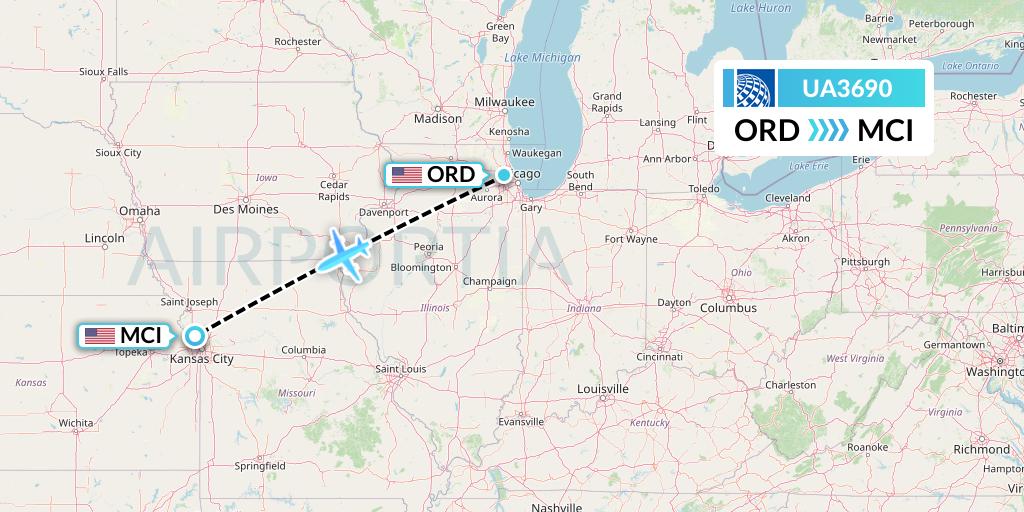 UA3690 United Airlines Flight Map: Chicago to Kansas City