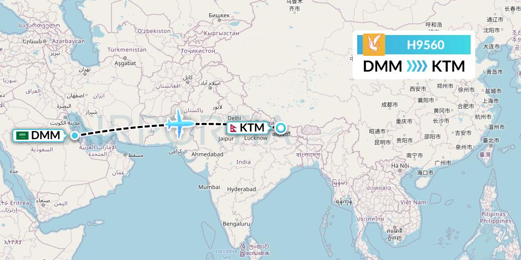 H9560 Himalaya Airlines Flight Map: Dammam to Kathmandu