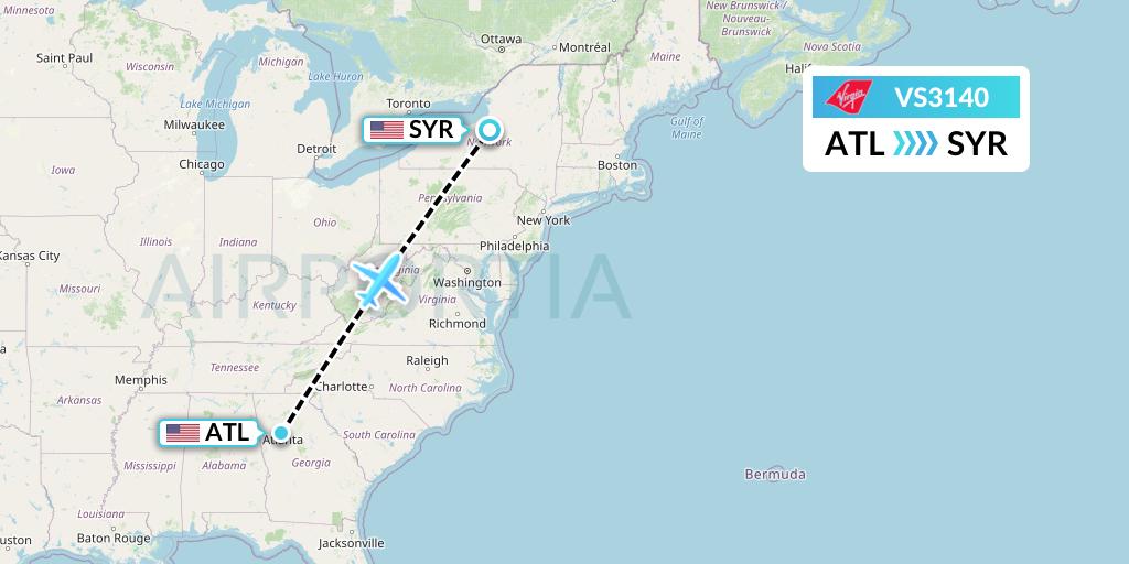 VS3140 Virgin Atlantic Airways Flight Map: Atlanta to Syracuse