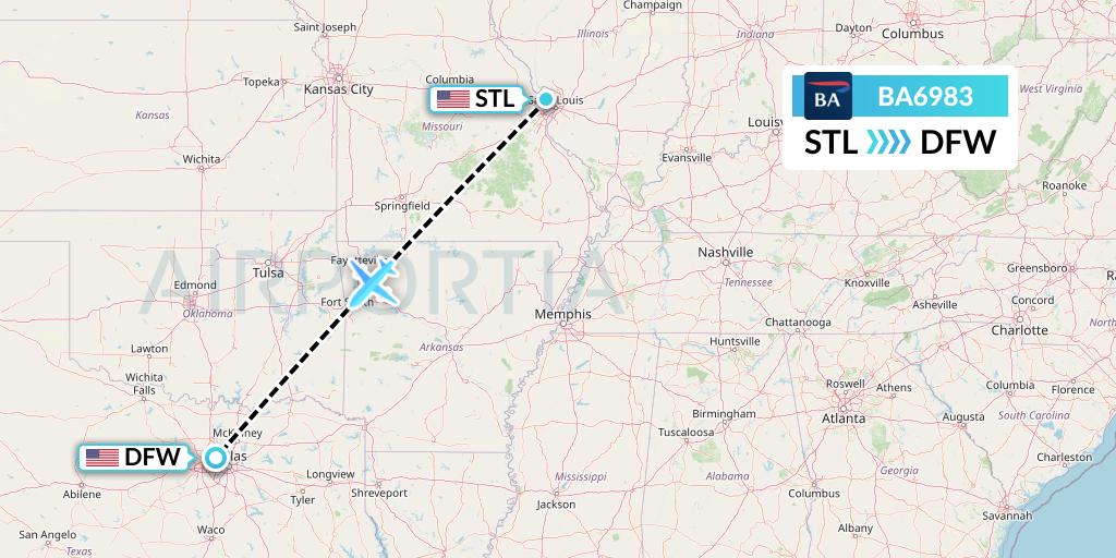 BA6983 British Airways Flight Map: St. Louis to Dallas