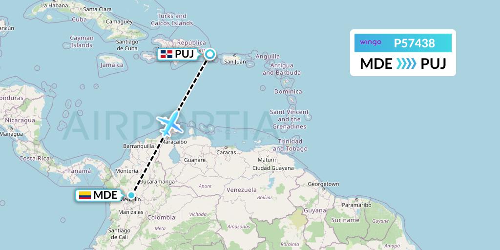 P57438 Copa Airlines Colombia Flight Map: Medellin to Punta Cana