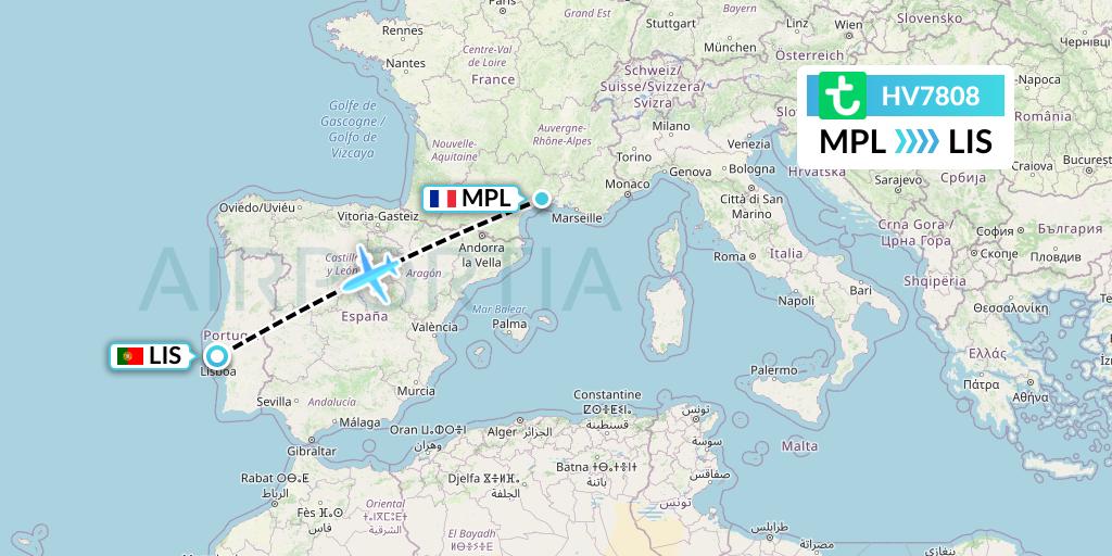 HV7808 Transavia Flight Map: Montpellier to Lisbon
