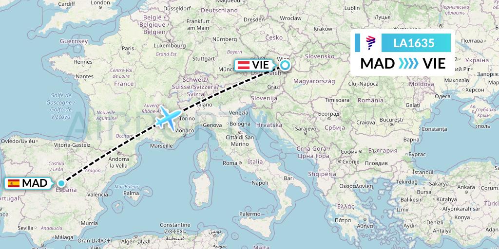 LA1635 LAN Airlines Flight Map: Madrid to Vienna